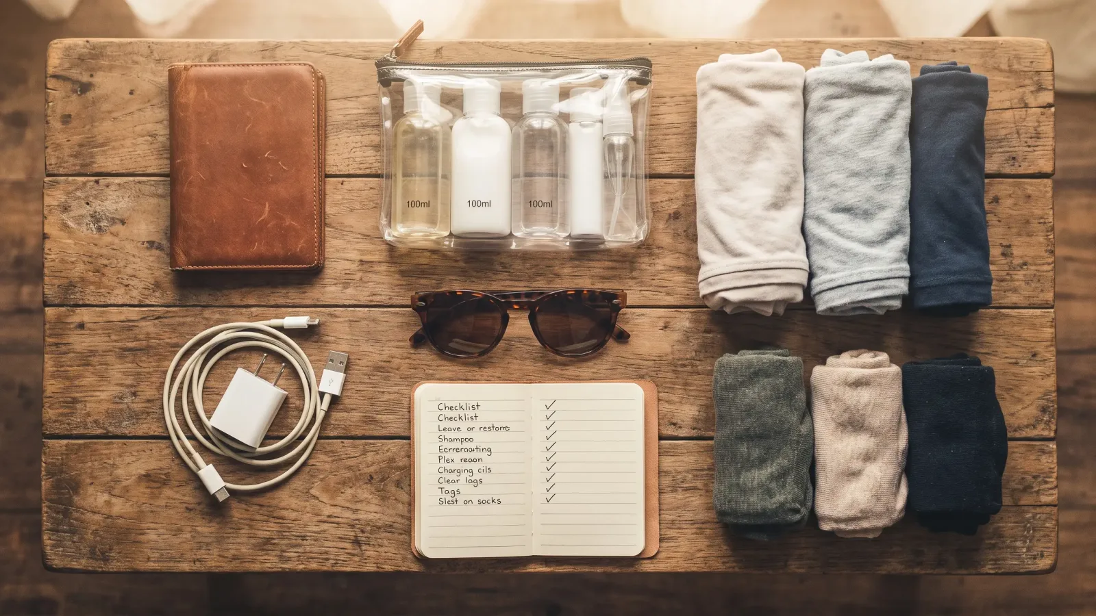 Essentiels de voyage : passeport, trousse de toilette et vêtements roulés