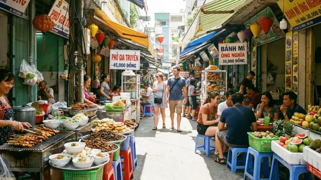 Marché de rue local pour manger pas cher en voyage