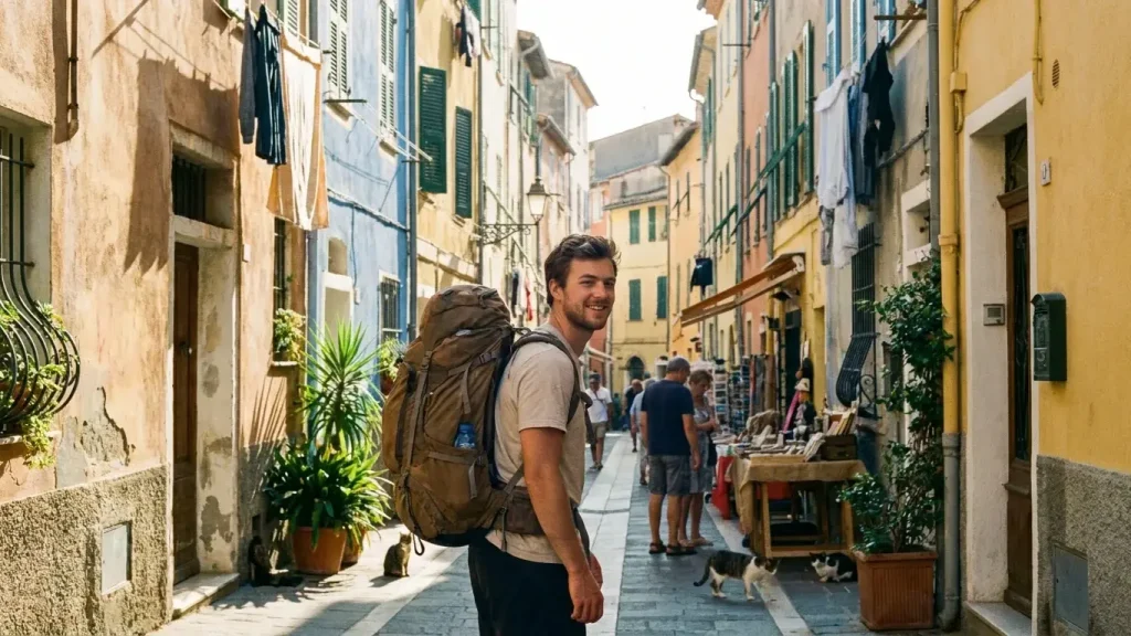Voyageur sac à dos dans une ruelle européenne, voyager pas cher