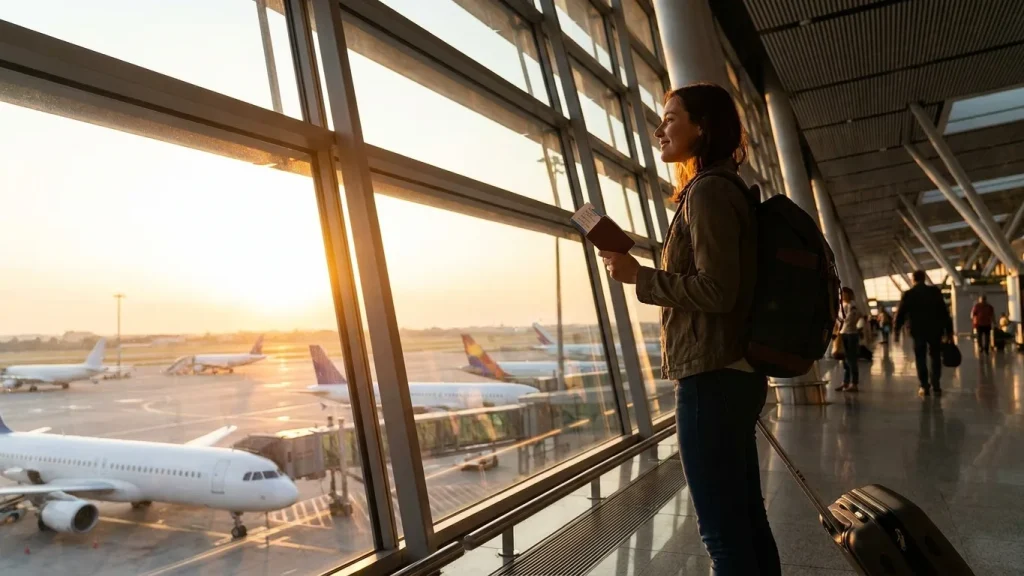Voyageur à l'aéroport avec passeport et carte d'embarquement