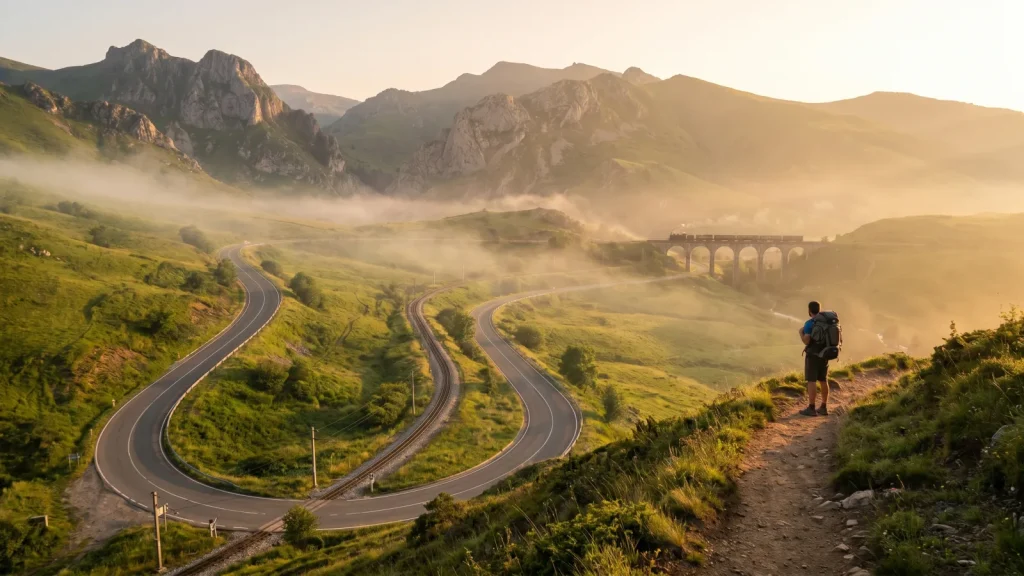 Route et voie ferrée de montagne au lever du soleil