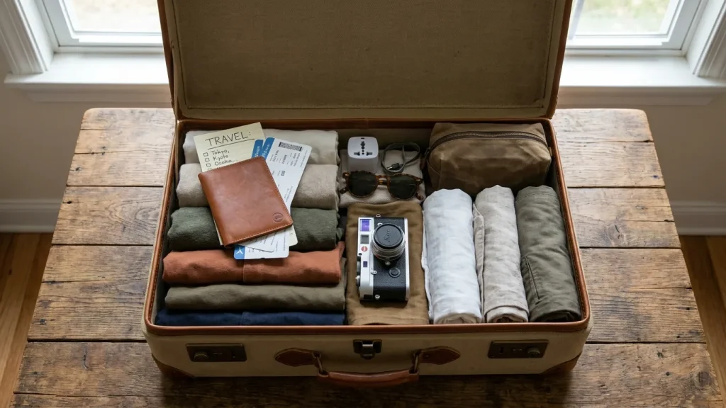 Valise organisée avec passeport, billets et checklist de voyage