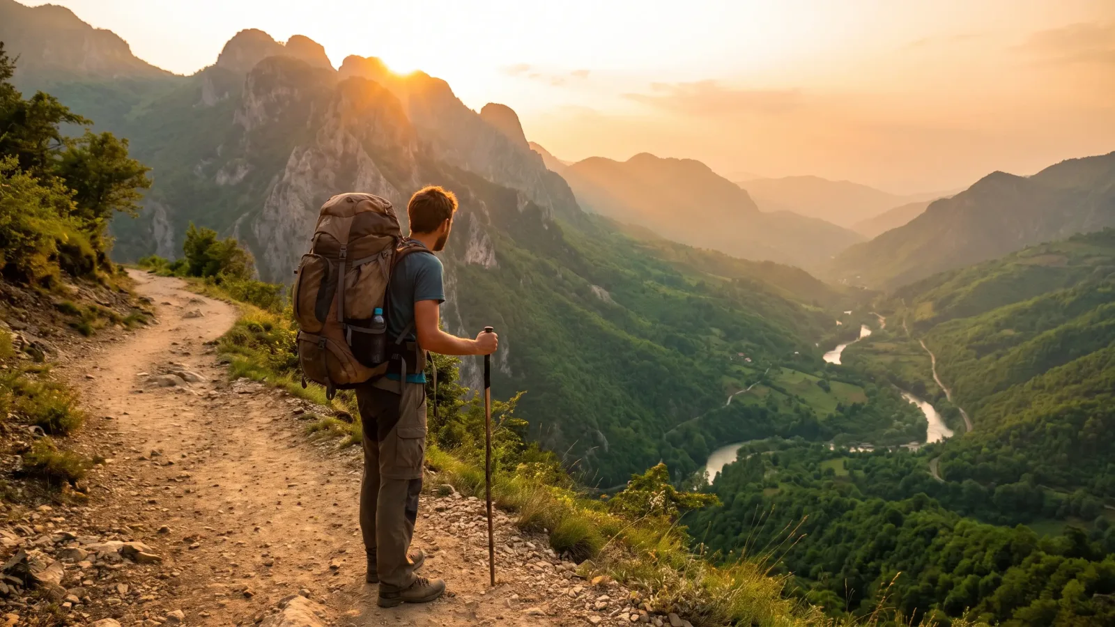 Voyageur avec sac à dos sur un sentier nature, valise adaptée à la destination