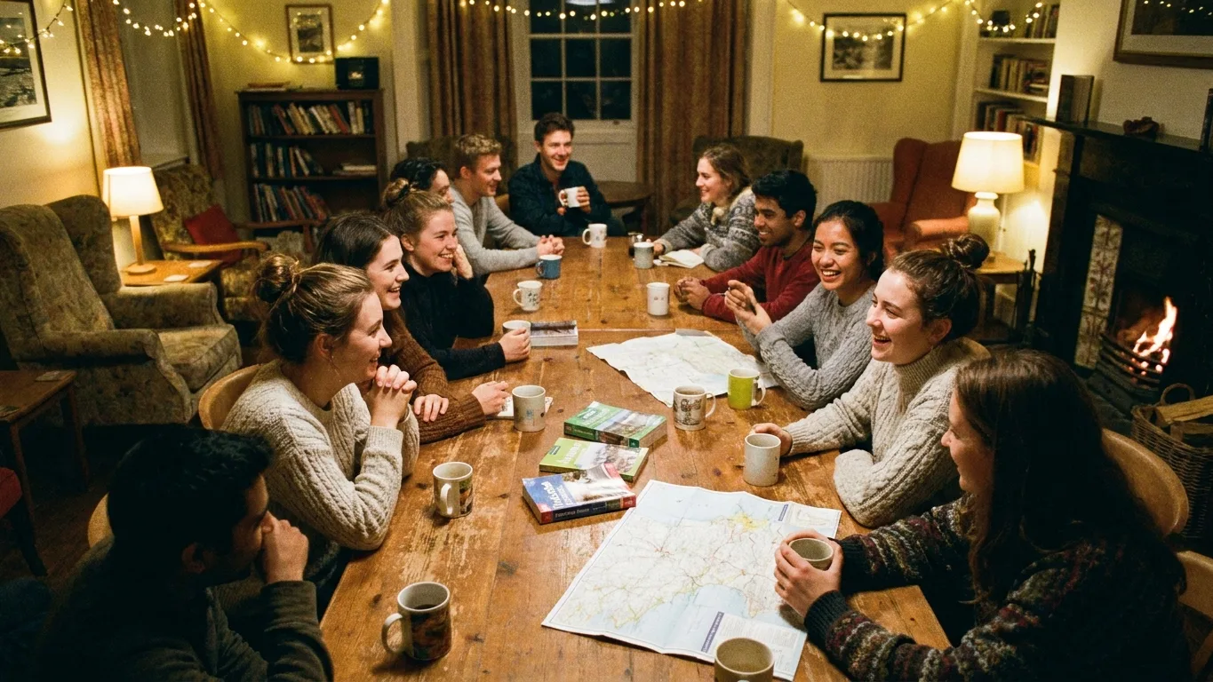 Voyageurs discutant autour d'une grande table dans la salle commune d'une auberge de jeunesse