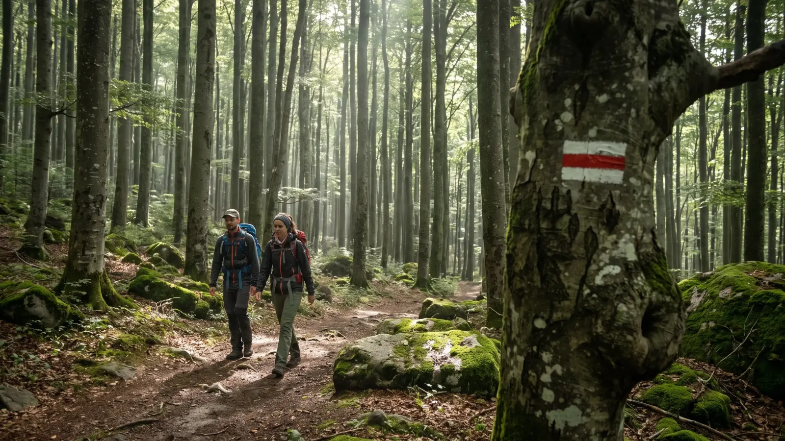 Deux randonneurs sur un sentier forestier balisé avec une marque GR blanc et rouge sur un tronc d’arbre