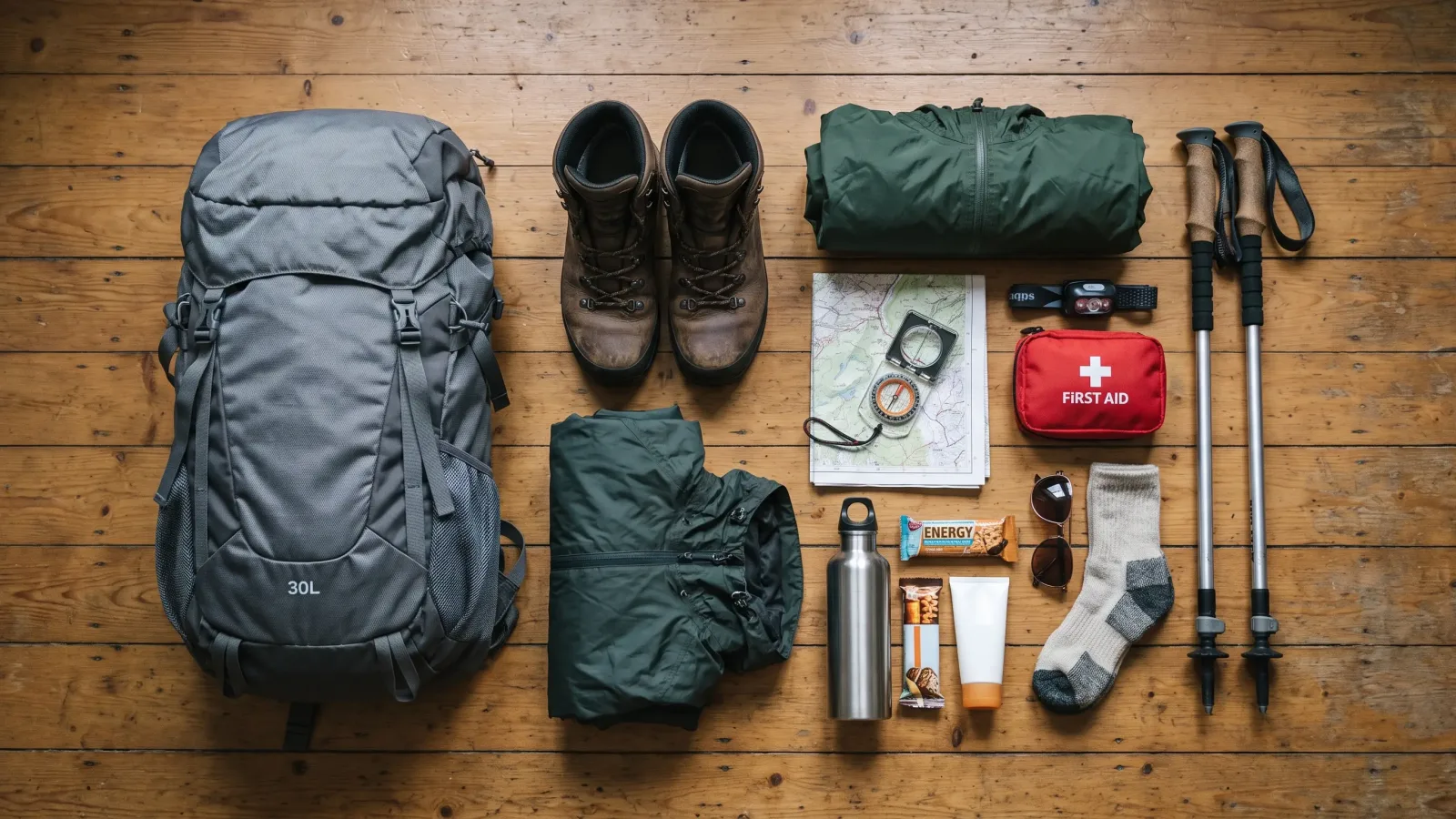 Matériel de randonnée disposé à plat : sac à dos, chaussures, veste imperméable, carte, trousse de secours et gourde