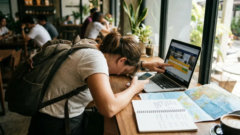 Voyageur comparant des hébergements sur un ordinateur portable