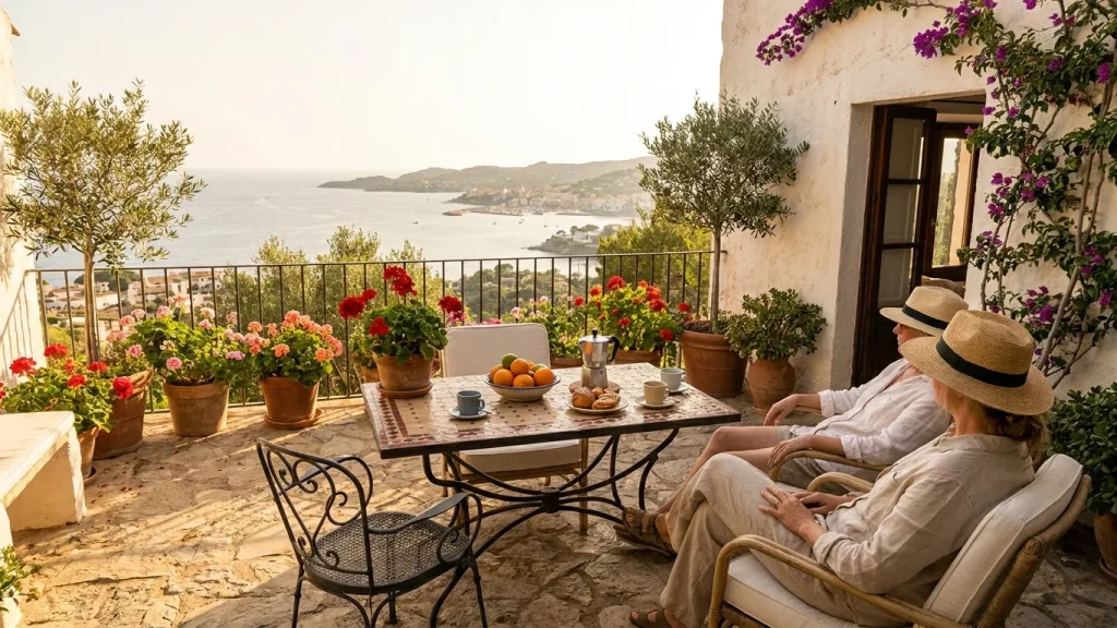 Terrasse ensoleillée d’une location de vacances avec vue