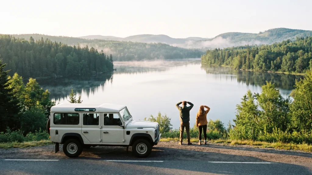Voiture stationnée à un belvédère face à un lac entouré de forêt pendant un road trip