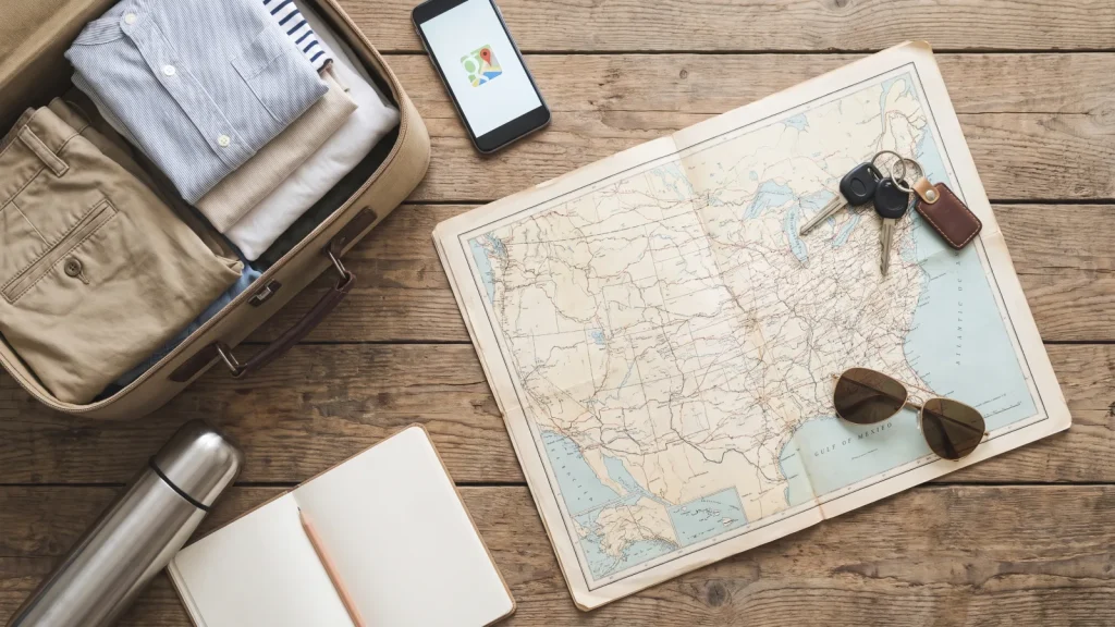 Carte routière, clés de voiture et valise posées sur une table pour préparer un road trip