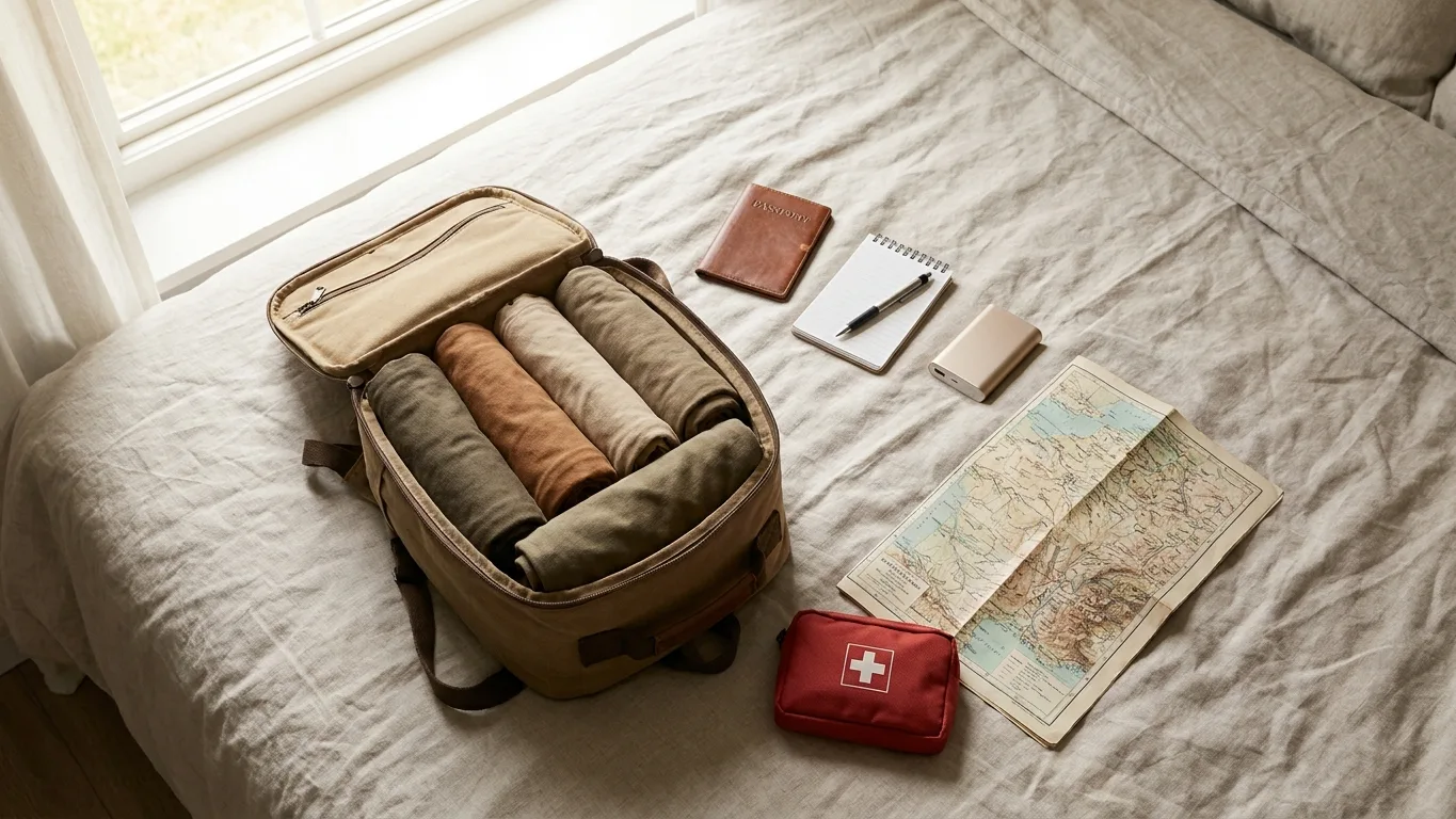 Sac cabine ouvert avec passeport, carnet et trousse de secours pour un voyage solo