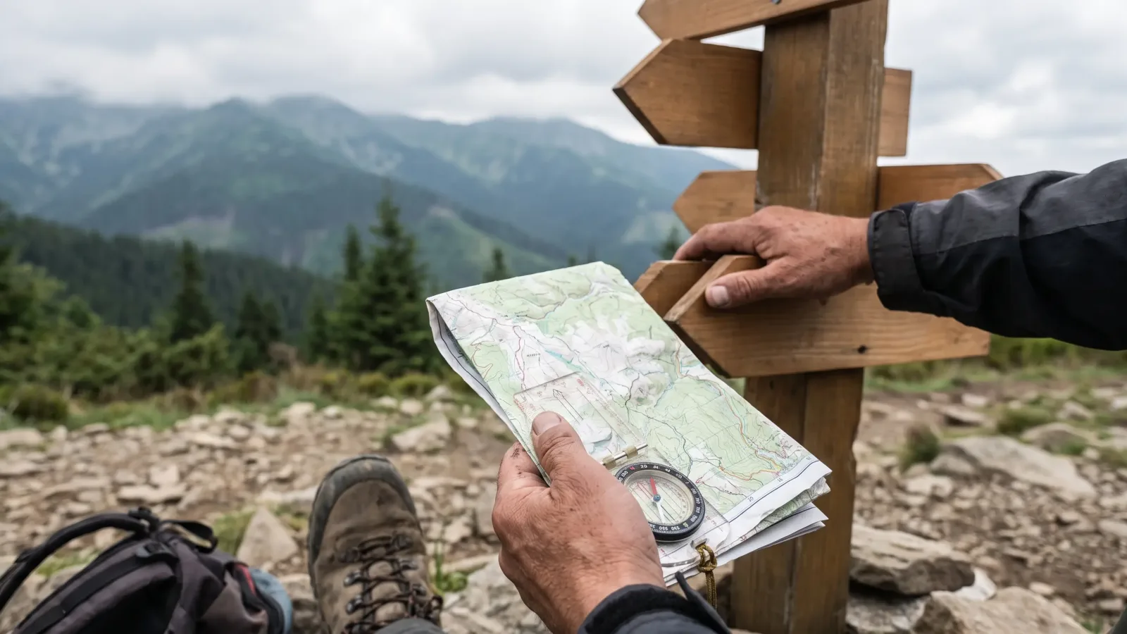 Randonneur consultant une carte topographique et une boussole à un croisement de sentiers en montagne