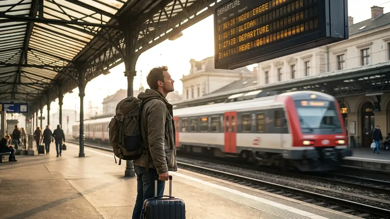 Voyageur avec sac à dos sur un quai de gare européen