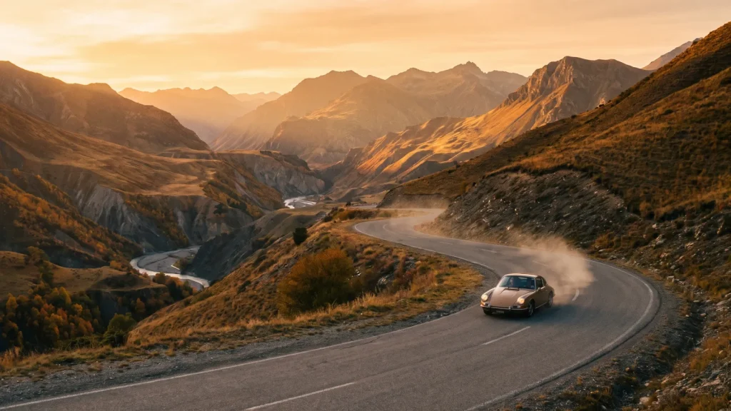 Route de montagne sinueuse au coucher du soleil pendant un road trip