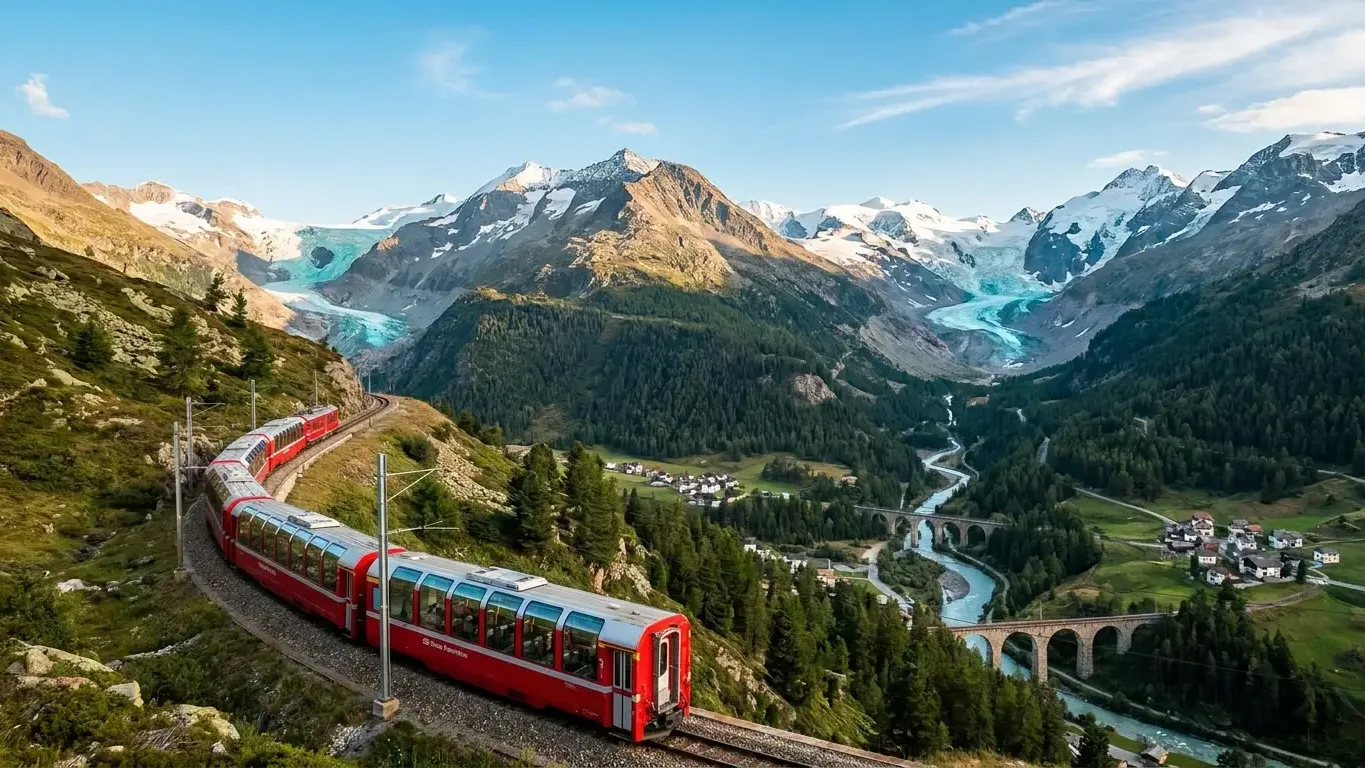 Train panoramique rouge dans les Alpes suisses