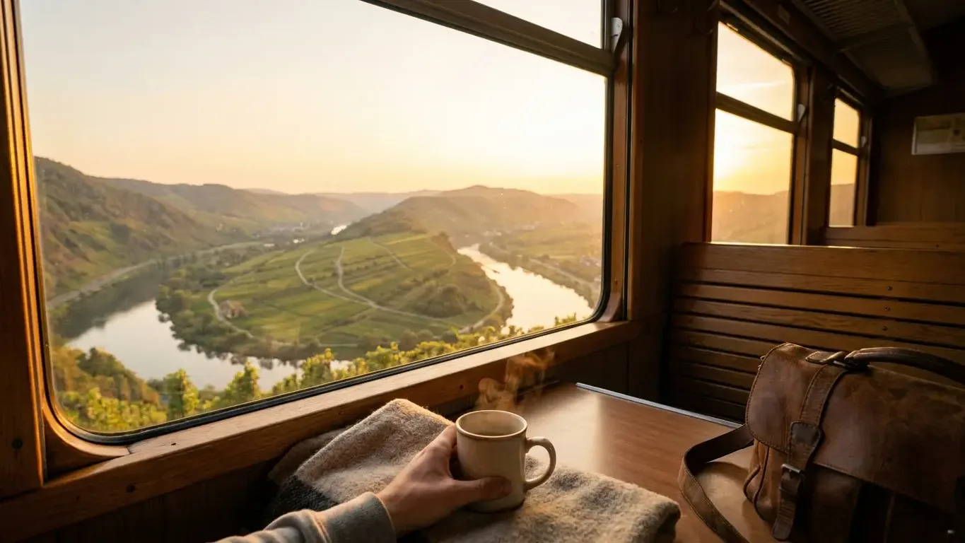 Paysage de campagne européenne vu depuis un train au coucher du soleil